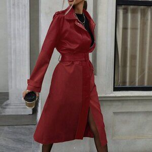 Red Elegant Women's Slim Fit Long Sleeve Mid-LengthTrench Coat
